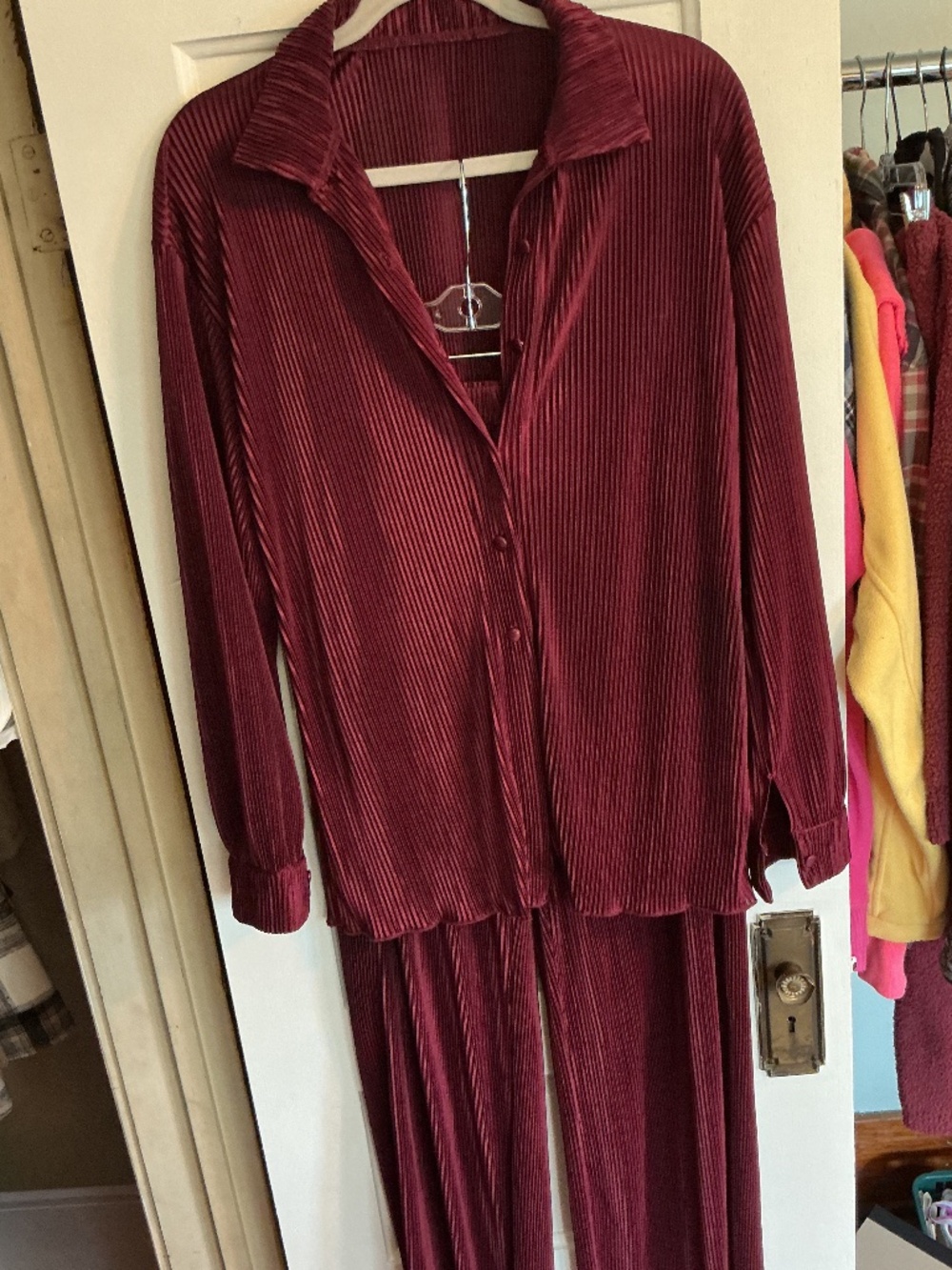 Burgundy Crushed Velvet Plissé Button-Down Wide Leg Pant Set